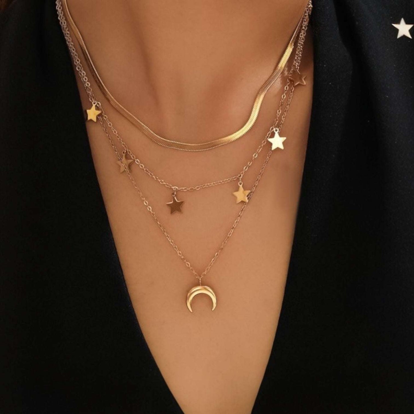Collar Tiara Diseño Estrellas-Luna-Dorado