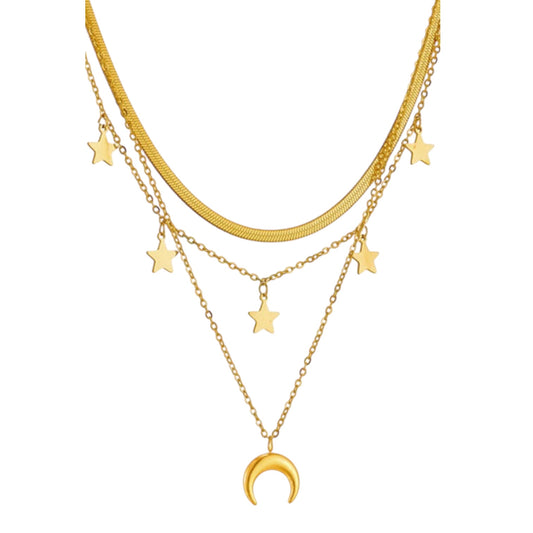Collar Tiara Diseño Estrellas-Luna-Dorado